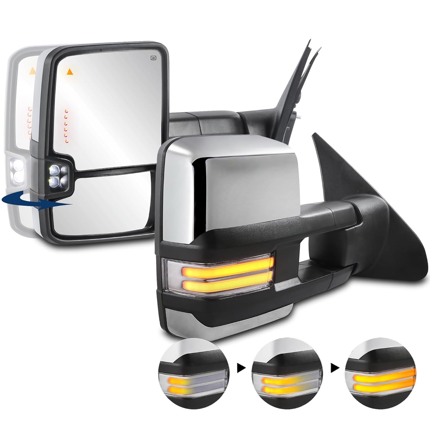 KUIPERAUTO Power Fold Towing Mirrors with BSM Compatible for 2007-2021 Toyota Tundra/ 2008-2021 Sequoia w/Sequential Turn light, Parking Lamp Chrome Housing 2PCS