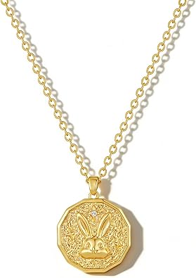 Easter Necklace for Women Cute Bunny Coin Pendant Necklace 18K Gold Plated Rabbit Animal Chain Necklace Holiday Jewelry Gift