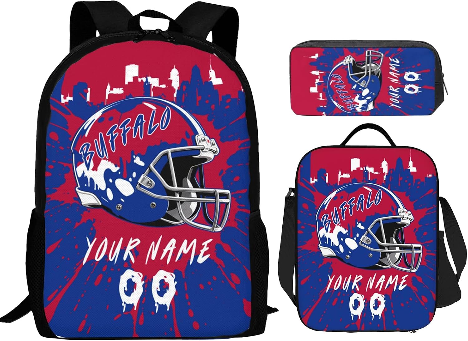Custom Buffalo 3pcs Set Backpacks for Boys, 17" School Bookbag Personalized Name Number Lunch Box Pencil Case Gifts for Girl Boy Men Women