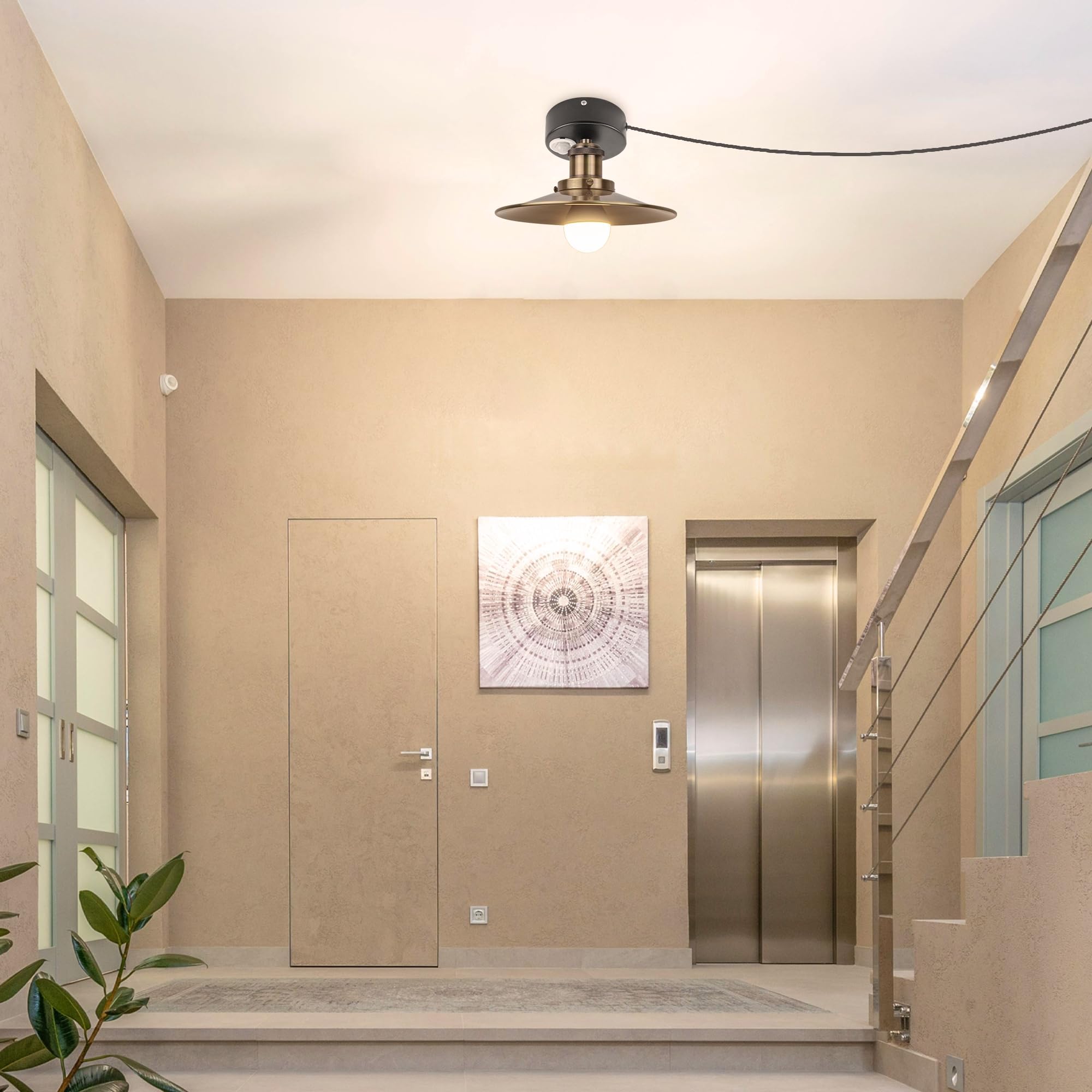 Plafoniera con sensore di movimento interno, lampada da soffitto in ferro industriale, sensore di movimento radar con cavo da 4,5 m e portalampada E27, per corridoio, bagno, scale, garage