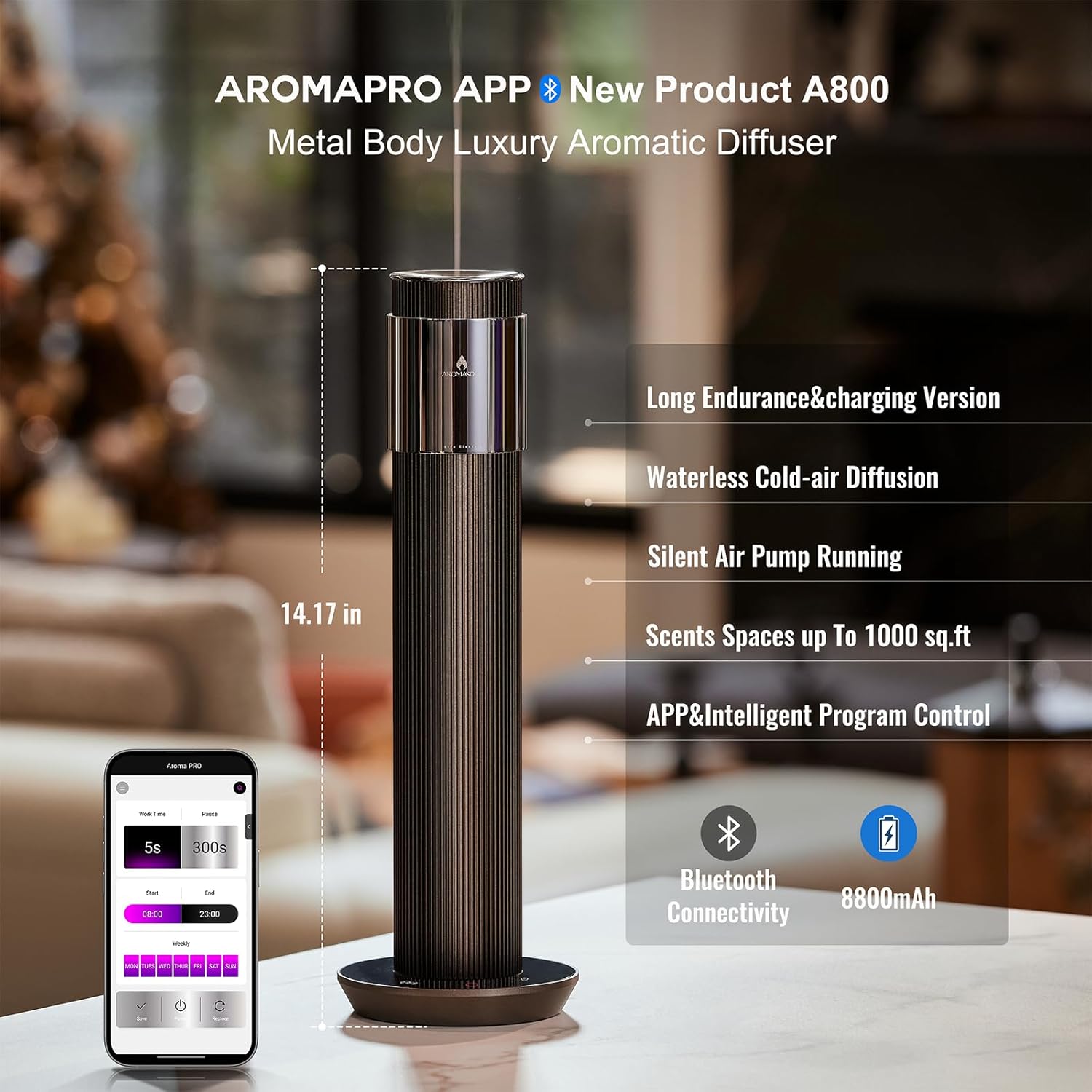 AROMASOUL A800 diffuser highlighting its features like long endurance, waterless cold-air diffusion, silent operation, 1000 sq.ft coverage, app control, and Bluetooth connectivity.