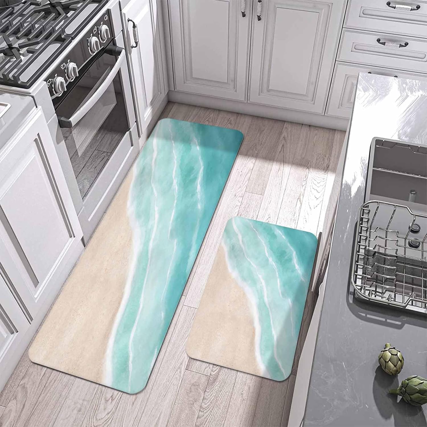 Summer Green Beach Wave Kitchen Mats Set of 2 Coastal Nautical Watercolor Gradient Ocean Non Slip Mat Washable Floor Rug for Kitchen Sink Floor Laundry, 15.7"x23.6"+15.7"x47.2"