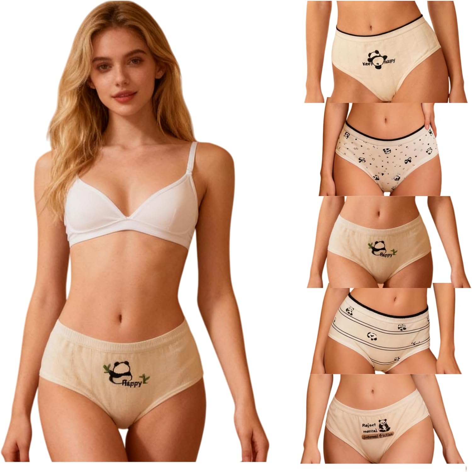 Womens Underwear for Women 5 Packs Panties Cute Cotton Kawaii Japanese-Style Stripes Panda Animal