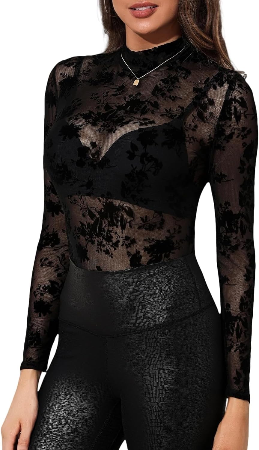 Womens Mesh Long Sleeve Tops Mock Neck Sexy Sheer See Through Tee Shirts Party Club Night Lace Blouse - Image 3