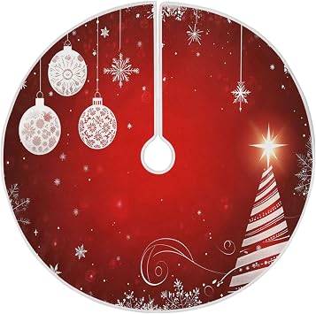 Christmas Tree Skirt 36" Winter White Snowflake Red Ball Xmas Tree Skirts Mat Round Pad for Happy New Year Holiday Party Supplies Rustic Ornaments Indoor Home Decor