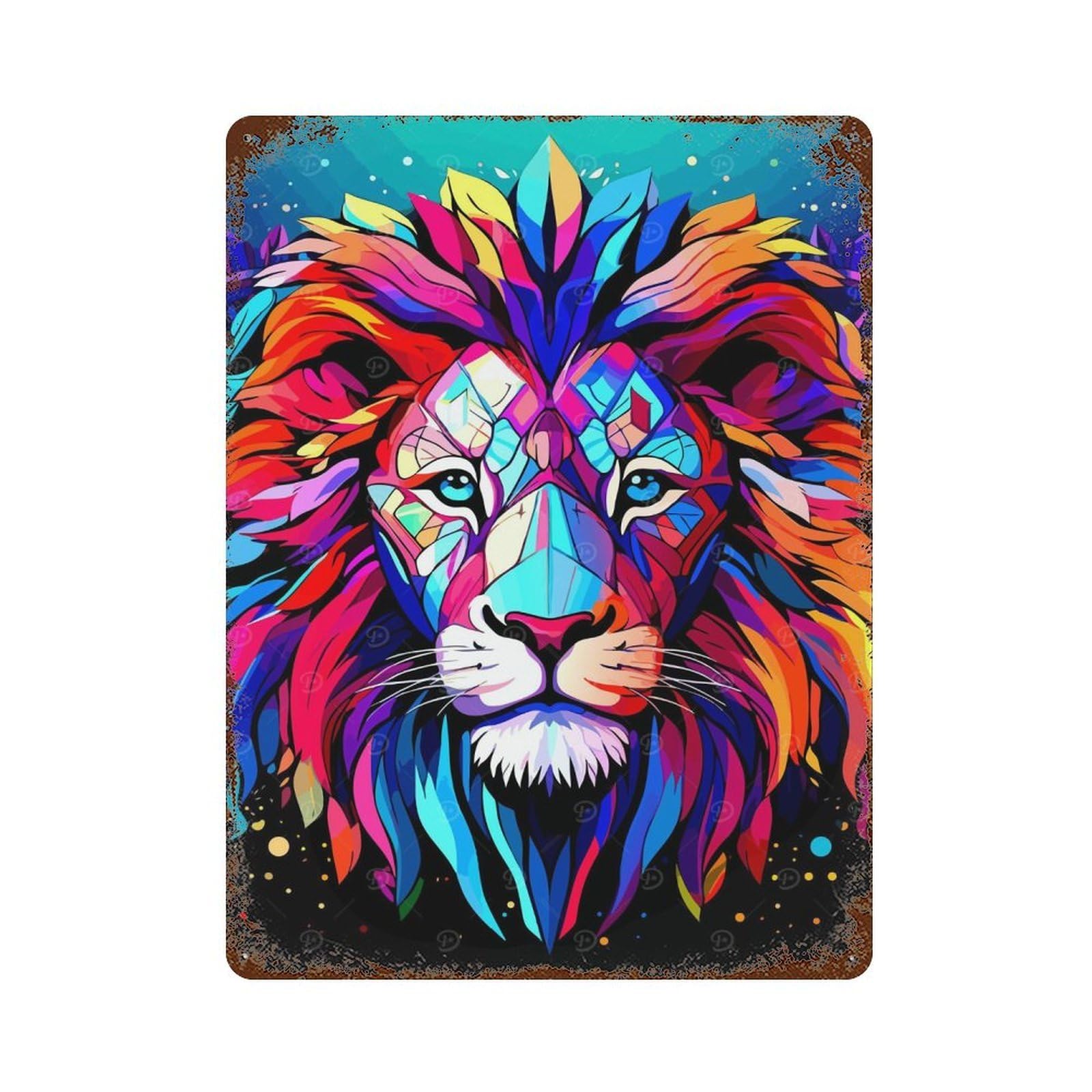 Aged Metal Wall Plaque with Colorful Lion Portrait Design 15.7"x11.8", for Basement, Hobby Room And Garage Decor, Farmhouse Wall Decor