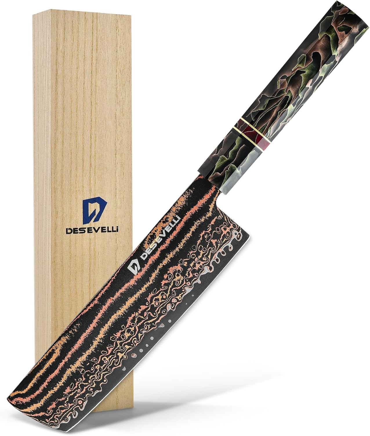 Nakiri Knife 7'',33 Layers Copper Damascus Professional Extra Sharp Kitchen Knife,Japanese VG-10 Stainless Steel with Resin Handle
