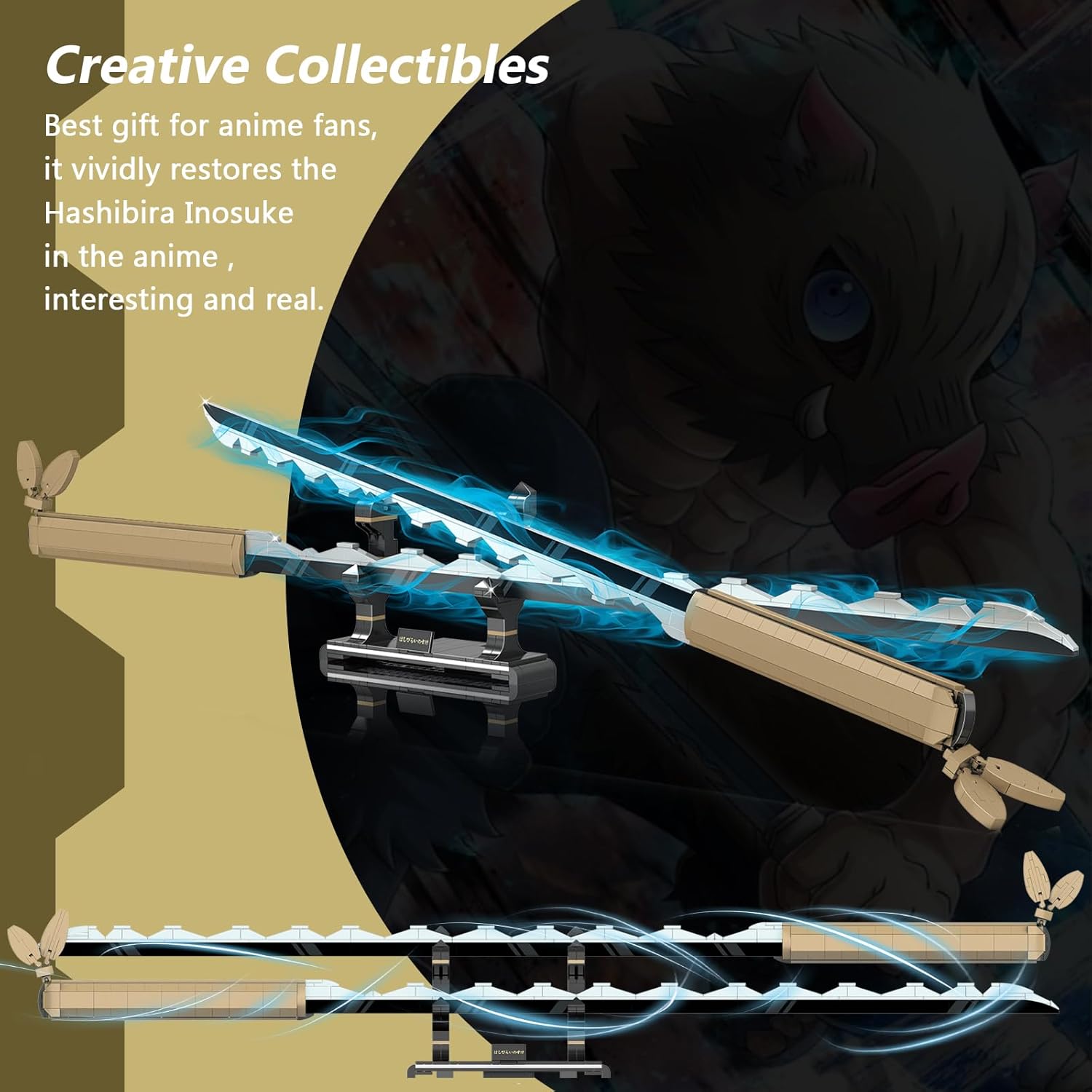 HIGH GODO Anime Sword Building Set, 40in Hashibira Inosuke Dual-Sword Set with Stand, Cosplay Anime Katana Sword Building Blocks, Collectible Gifts for Teens and Adults 14+ (838 PCS)