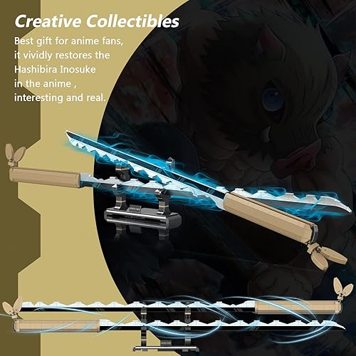 Miniatura 6 de HIGH GODO Set de construcción de espadas de anime, 40 pulgadas, Hashibira Inosuke, set de espada doble con soporte, bloques de construcción