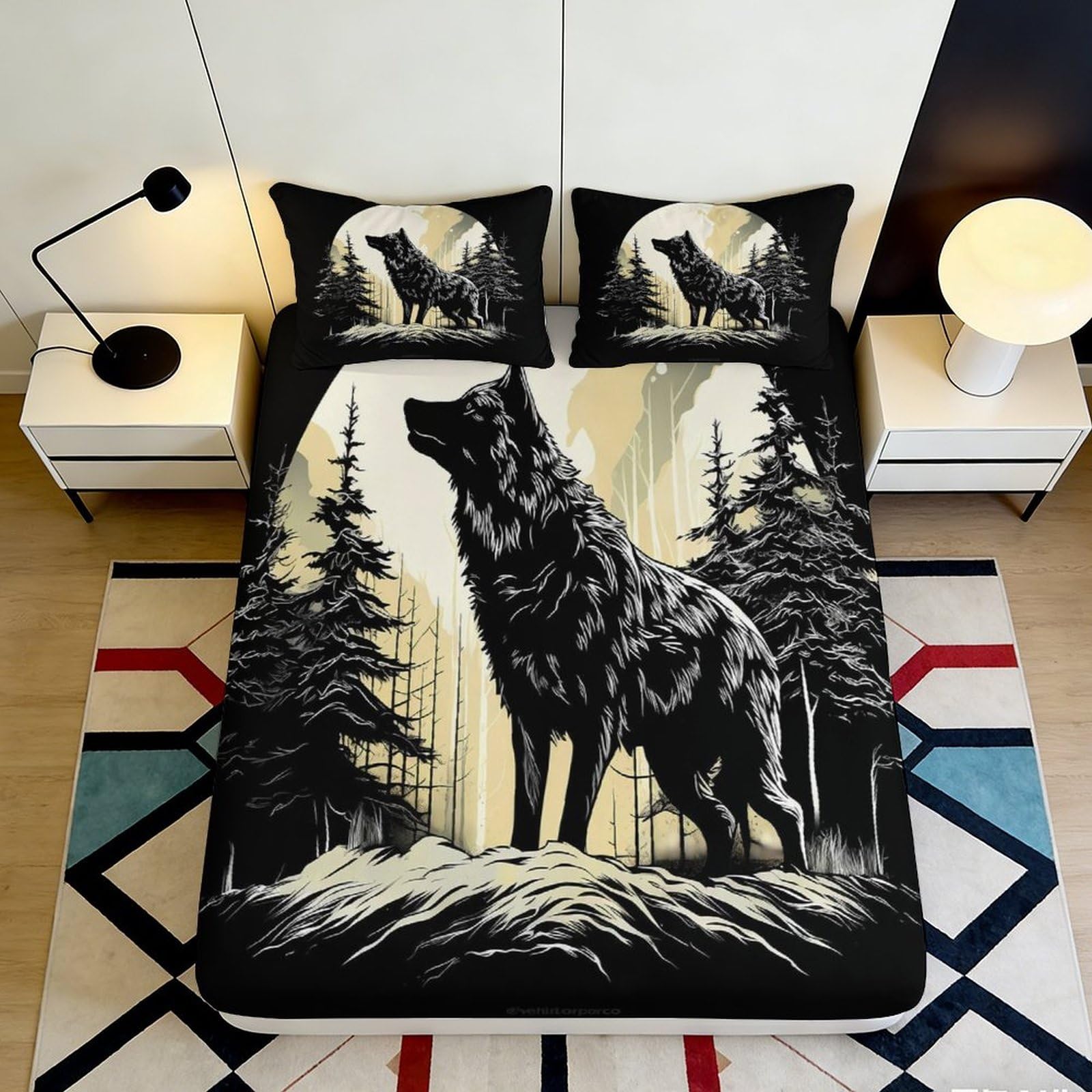3D Printed Wolf Forest Fitted Sheet Microfiber Non-slip Bed Cover for Bedroom Guestroom Decor, Easy Care, Black Grey 90x200x25cm