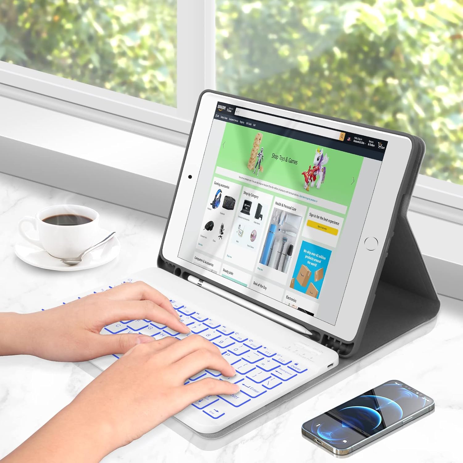 XIWMIX Ultra-Slim Wireless Bluetooth Keyboard - 7 Colors Backlit Universal Rechargeable Keyboard Compatible with iPad Pro/iPad Air/iPad 9.7/iPad 10.2/iPad mini and Other iOS Android Windows Devices White image 5 of 6 B081Z7N8KC