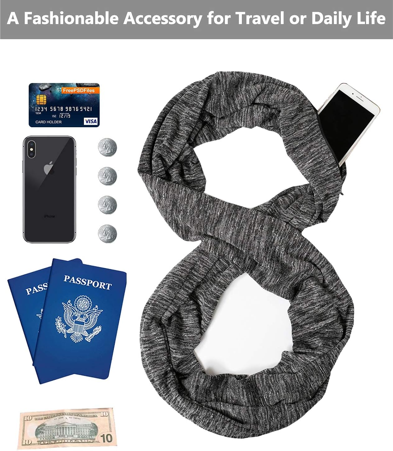 Infinity Scarf With 2 Zipper Pocket or Infinity Scarf With 1 Zipper Pocket