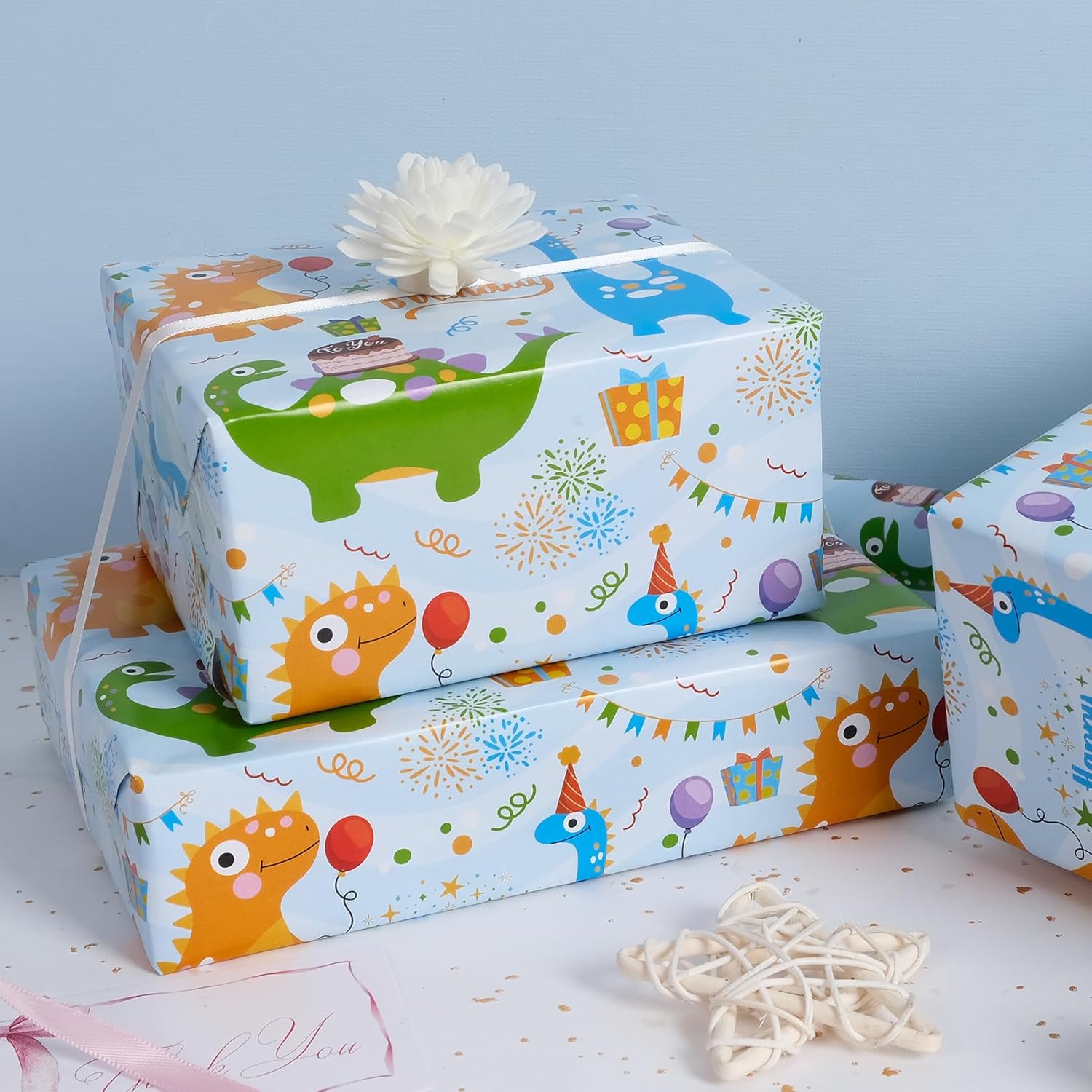 Condition photo showing New/Like New for dinosaur wrapping paper jumbo roll 30 inch x 32 feet, cute blue green dinosaurs happy birthday wrapping paper for boys kids, gift wrap paper happy bday wrap dinosaur parties, baby showers,diy green dinosaurs 30in*32ft