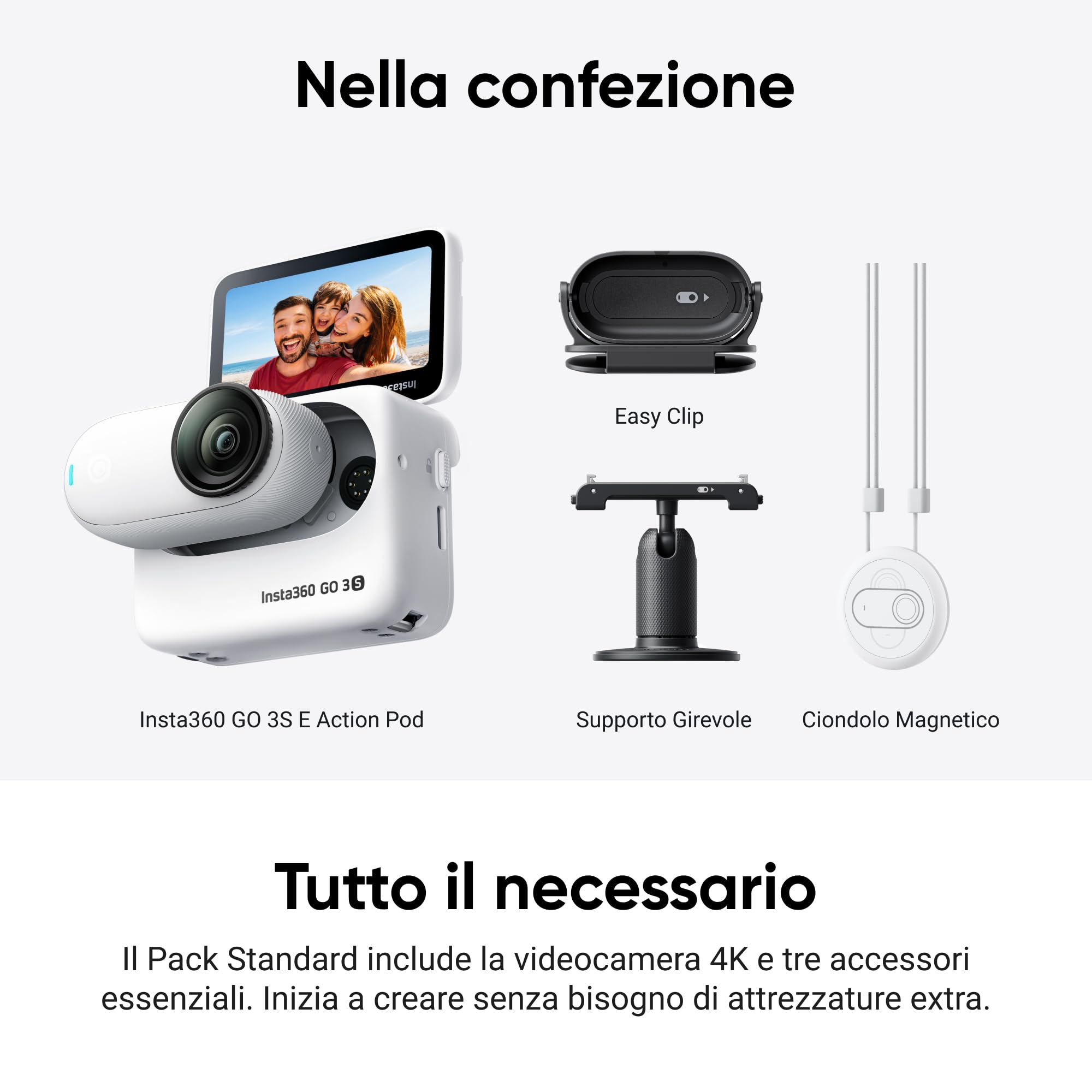 Insta360 GO 3S Ciclismo POV Bundle 128GB Bianco-Cam 4K per vlogging, POV a mani libere, montaggio magnetico, stabilizzazione, 140 minuti di autonomia, impermeabilità fino a 10 m, editing IA