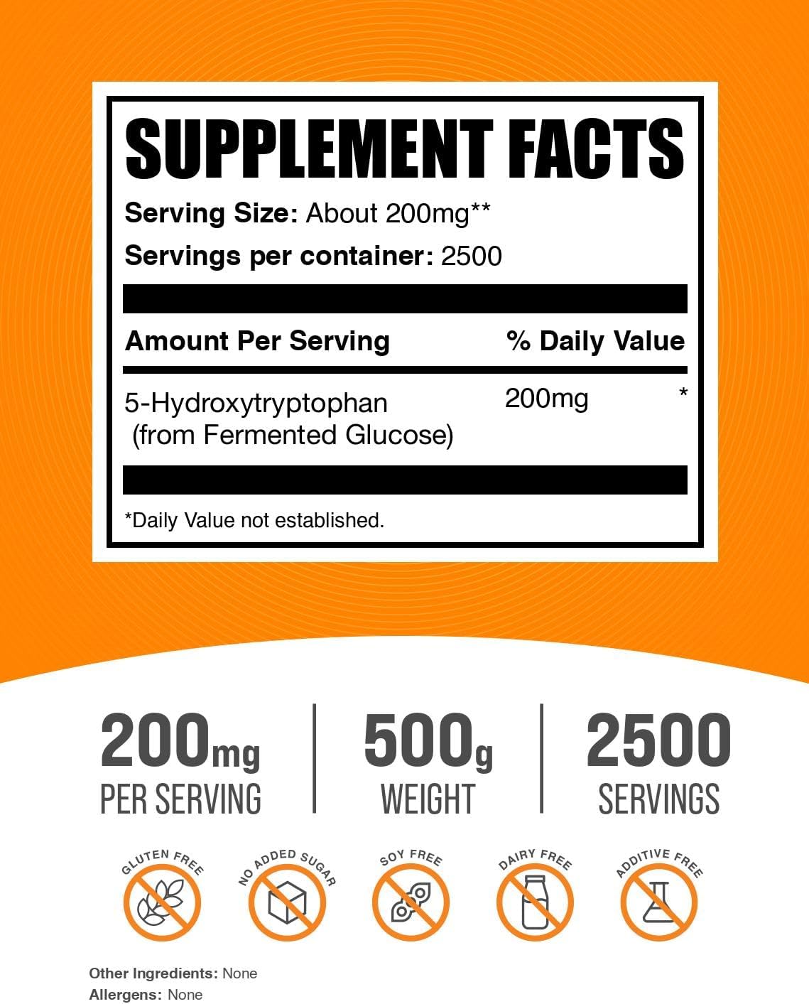 BulkSupplements.com 5-HTP Powder - 5-Hydroxytryptophan, 5 HTP Supplement - 5-HTP 200mg, Mood Support Supplement - Gluten Free, 200mg per Serving, 500g (1.1 lbs) (Pack of 1)