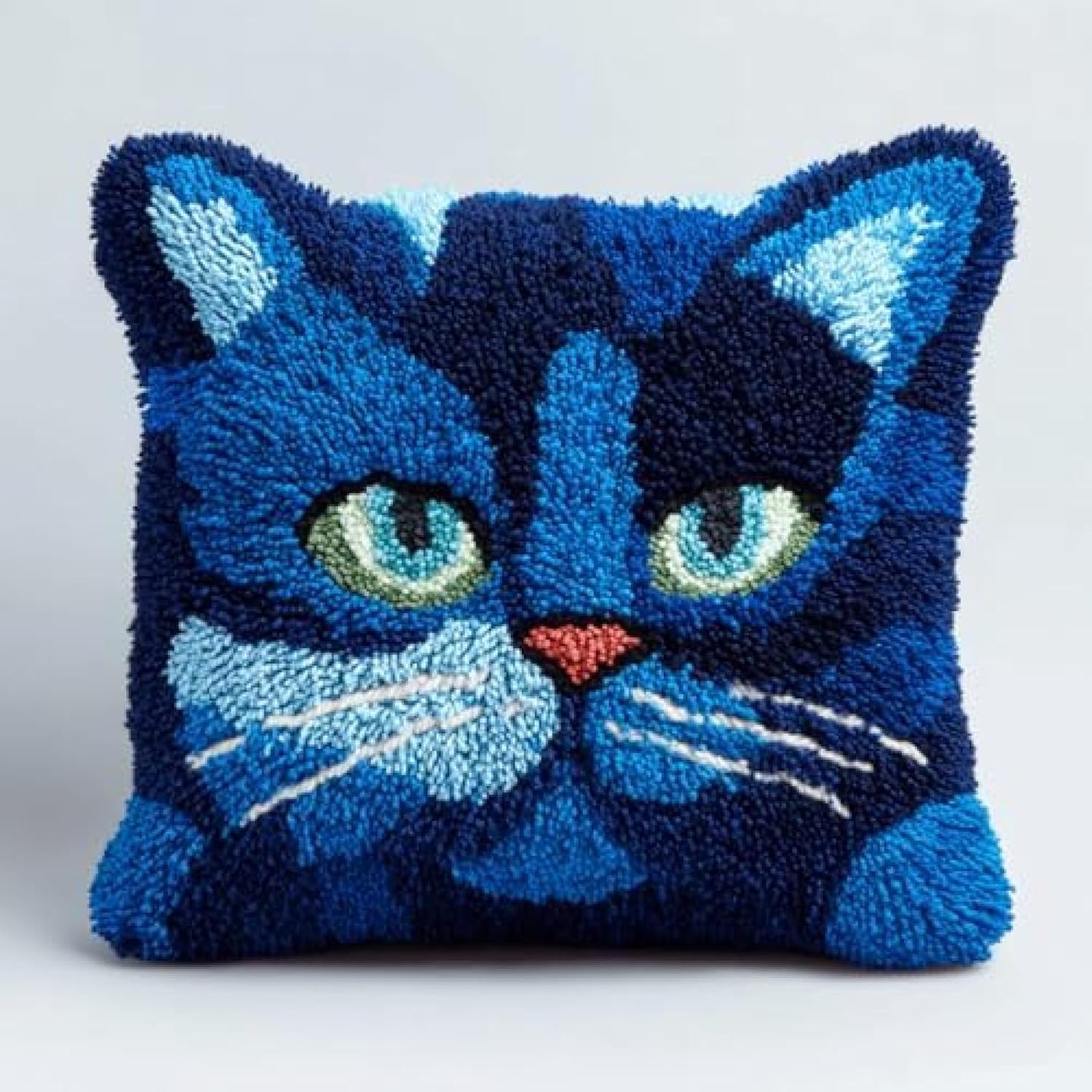 Amcdjkery Unique Craft Gift for Crafters,DIY Latch Hook Pillow Kit,Present for Teens,Women & Craft Lovers,Handmade Decorative Pillow for Cosy Living Room & Bedroom,17x17 in,Blue Cat