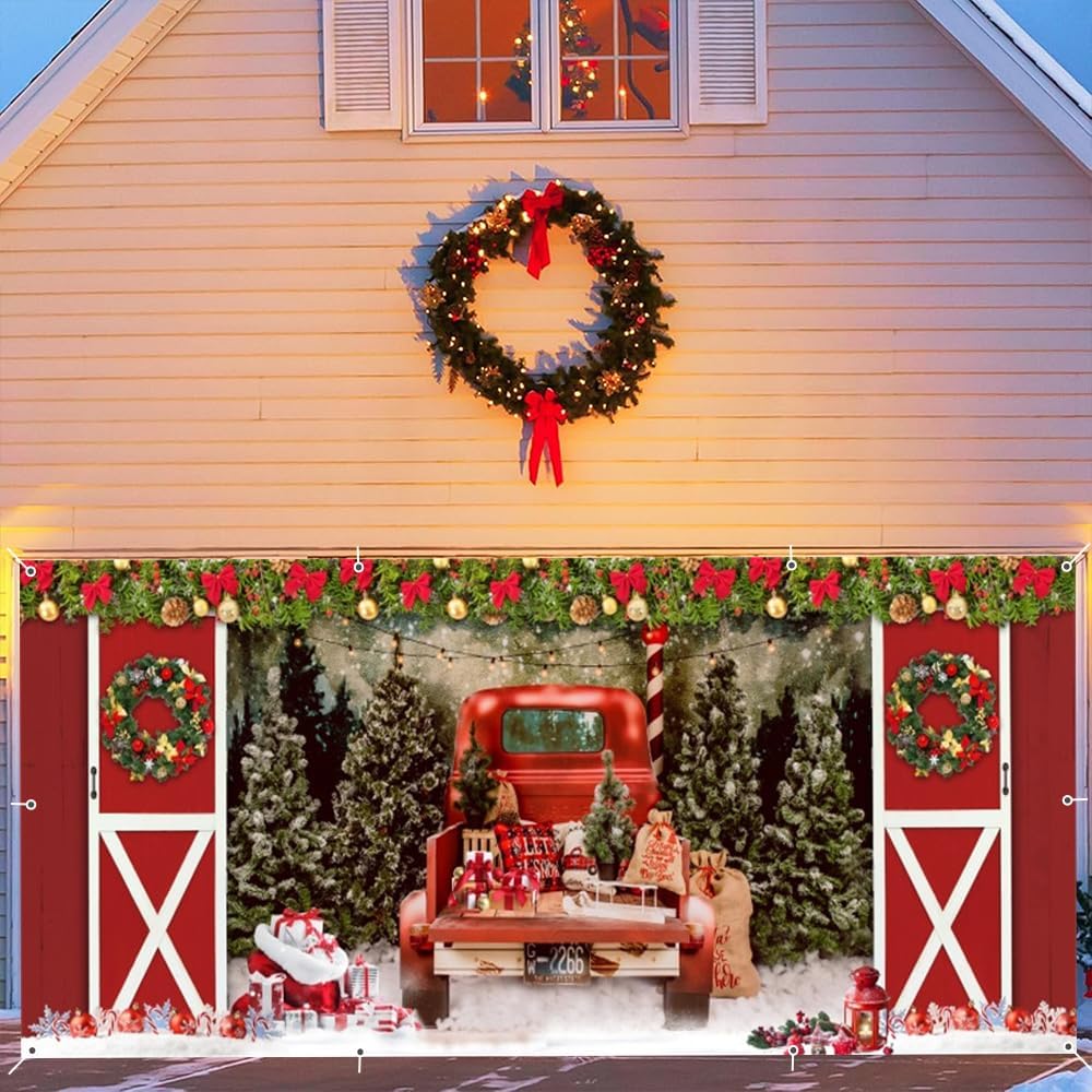 Garage Door Christmas Decorations 7x16ft, Merry Christmas Garage Door Cover Wooden Door Truck Gifts Banner Winter Outdoor Decor Holiday Party Supplies