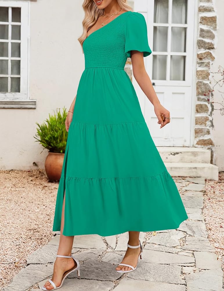 エンフォルド SOMELOS HALF SLEEVE DRESS ワンピース ZESICA Women's Boho Summer One Shoulder Short Sleeve Smocked Side