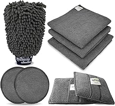 SOFTSPUN Microfiber Chenille & SingleSide Gloves 1700GSM & 2 Round & 2Square Polishing Pads with Towel 340GSM 3Piece Pack of 8 Combo Grey Multipurpose SuperAbsorbent and Perfect Car wash Cleaning kit.