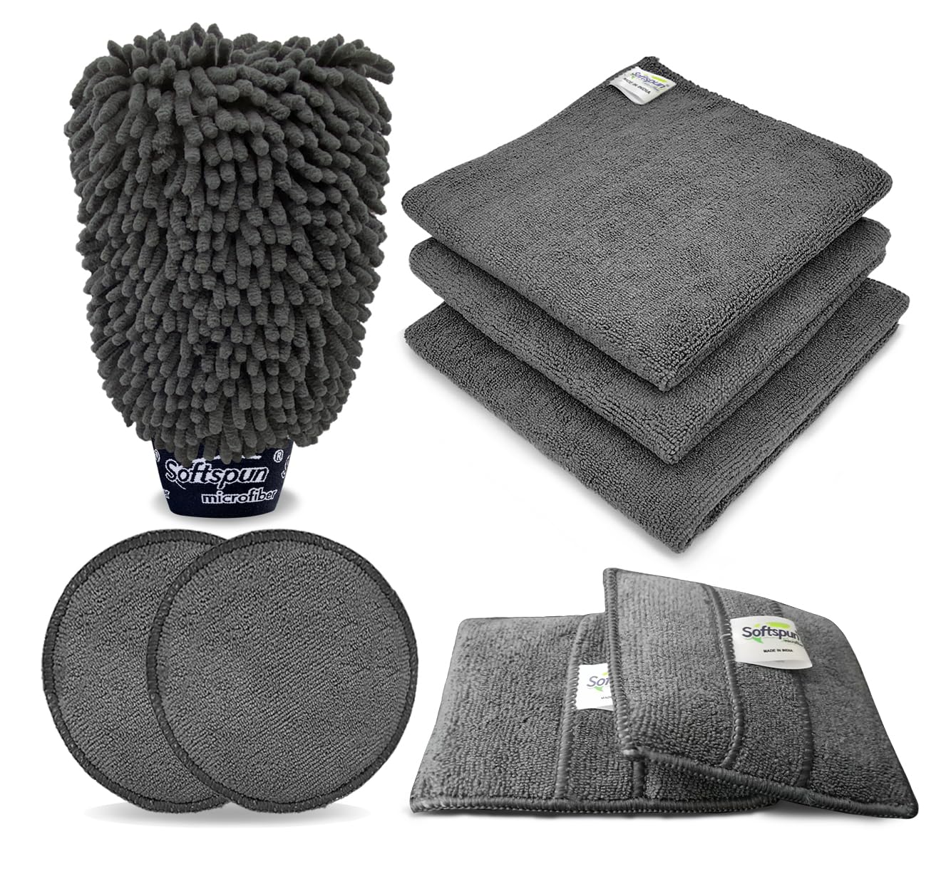 SOFTSPUN Microfiber Chenille & SingleSide Gloves 1700GSM & 2 Round & 2Square Polishing Pads with Towel 340GSM 3Piece Pack of 8 Combo Grey Multipurpose SuperAbsorbent and Perfect Car wash Cleaning kit.-image-41