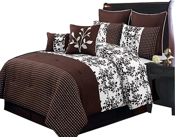 Royal Hotel Bedding Bliss Chocolate and White Full Size Luxury 8 Piece Comforter Set Includes Comforter, Bed Skirt, Pillow Shams, Decorative Pillows