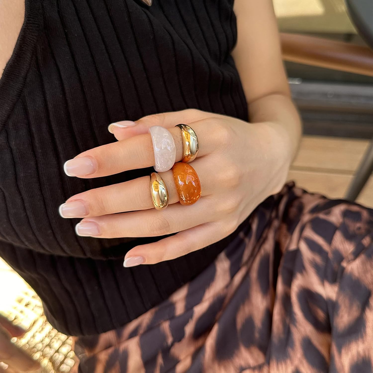 Chunky Gold Ring Set for Women Vintage Colorful Stackable Resin Rings Trendy Punk Irregualr Knuckle Rings Jewelry for Party image 2