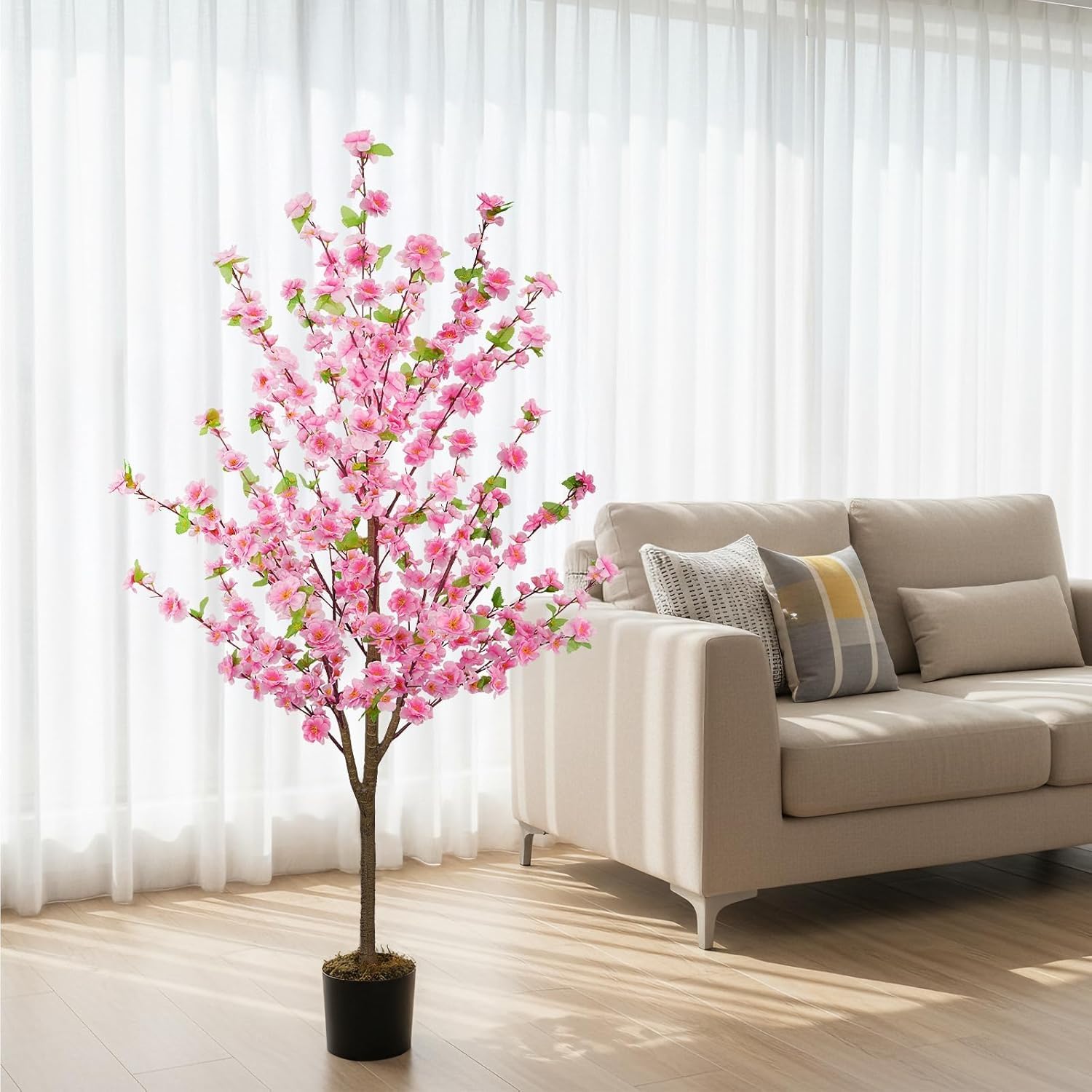 150 cm Arbre Artificielle Interieur Cerisier Rose Fausse Plante | Plantes Artificielles Grande avec Fleur Rose Arbre de Cerisier en Plastic Fausse Plante en Pot pour Deco Salon Chambre Bureau