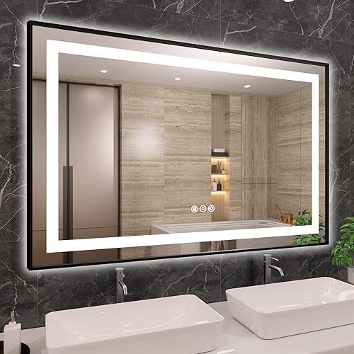 Amorho 55"x 36" LED Bathroom Mirror Framed, Front Light and Backlit, Stepless Dimmable, Anti-Fog, Shatter-Proof, Memory, 3 Colors, Double LED Vanity Mirror