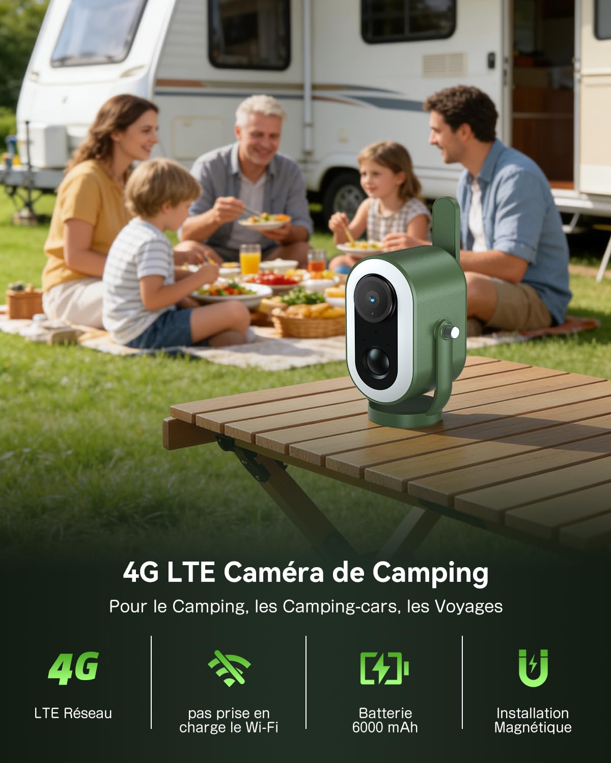 Xega 4G LTE Caméra Surveillance Magnétique avec Carte SIM Portable | 2K HD Caméra de Surveillance 6,000mAh Batterie PIR Détection Humaine pour RV/Camping/Voyage IP65