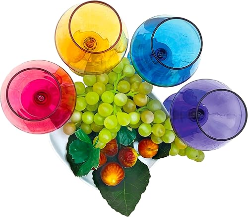 Miniatura 6 de Lily's Home Copas de vino acrílicas con tallos, juego de 4 copas de vino de colores, reutilizables, irrompibles e inastillables junto a la piscina,