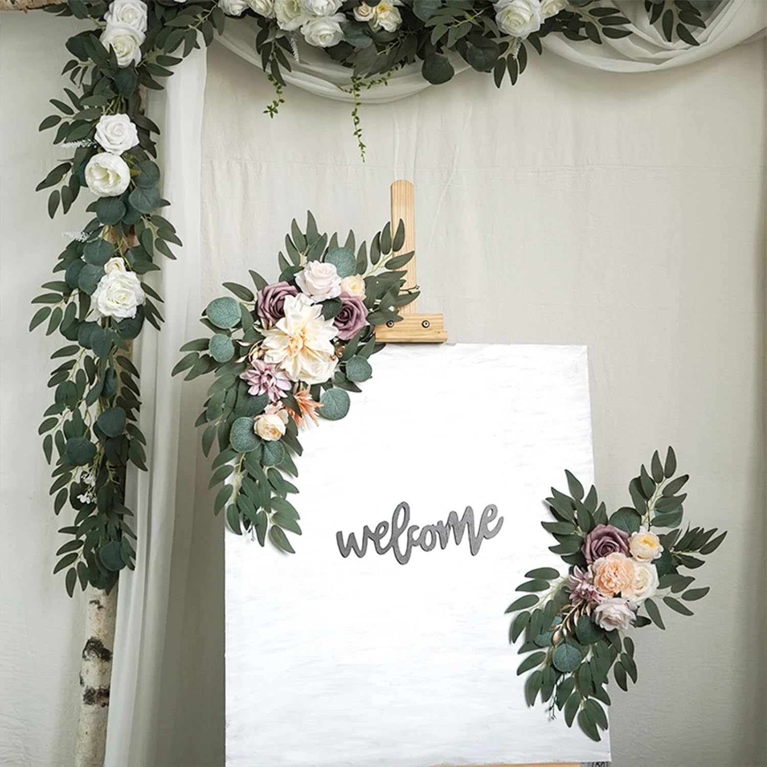 Artificial Wedding Arch Flowers Set of 2, Rose Flower Swag Arrangements DIY Greenery Floral Swag for Wedding Reception Backdrop Table Decorations Welcome Sign