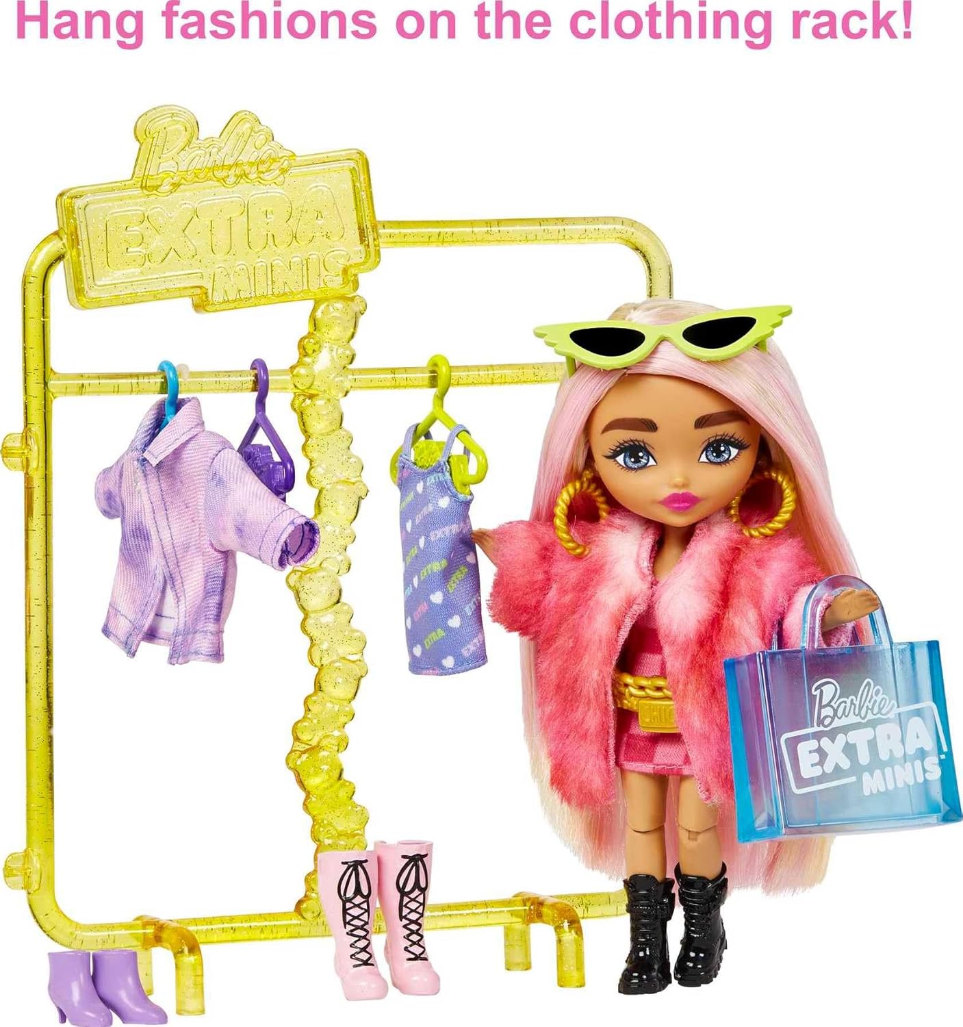 Barbie Extra Minis Doll & Fashion Playset with 15+ Pieces, Boutique with Small Doll, Clothes & Accessories Including Gummy Bear Keychain