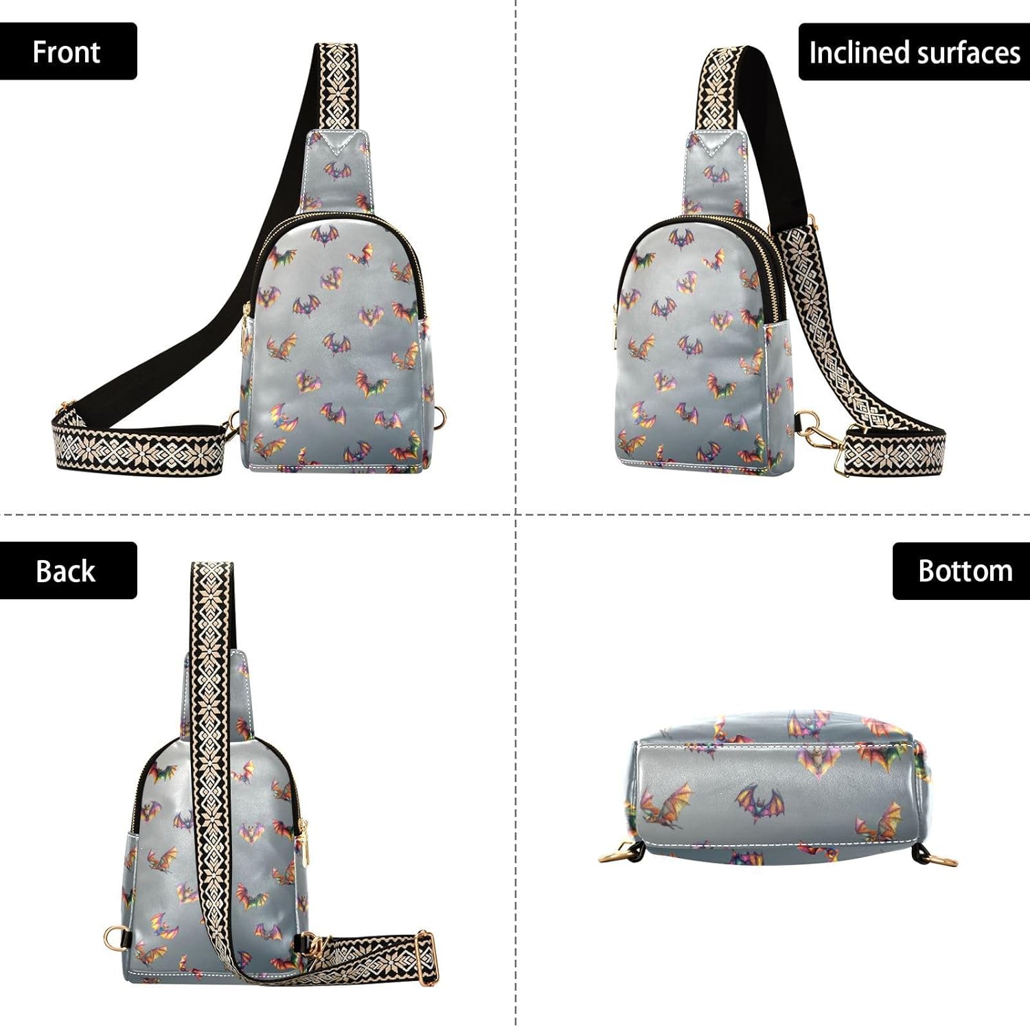 Bats Goth Crossbody Bags for Women,Leather Sling Bag Fanny Pack for Travel Hiking Outdoor