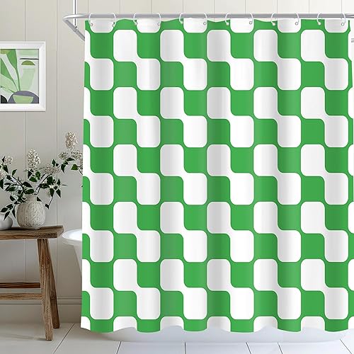 Miniatura 17 de Cinbloo Cortina de ducha retro verde salvia a cuadros de 72 pulgadas de ancho x 72 pulgadas de alto, abstracto, Y2K, lindo tablero de ajedrez beige,