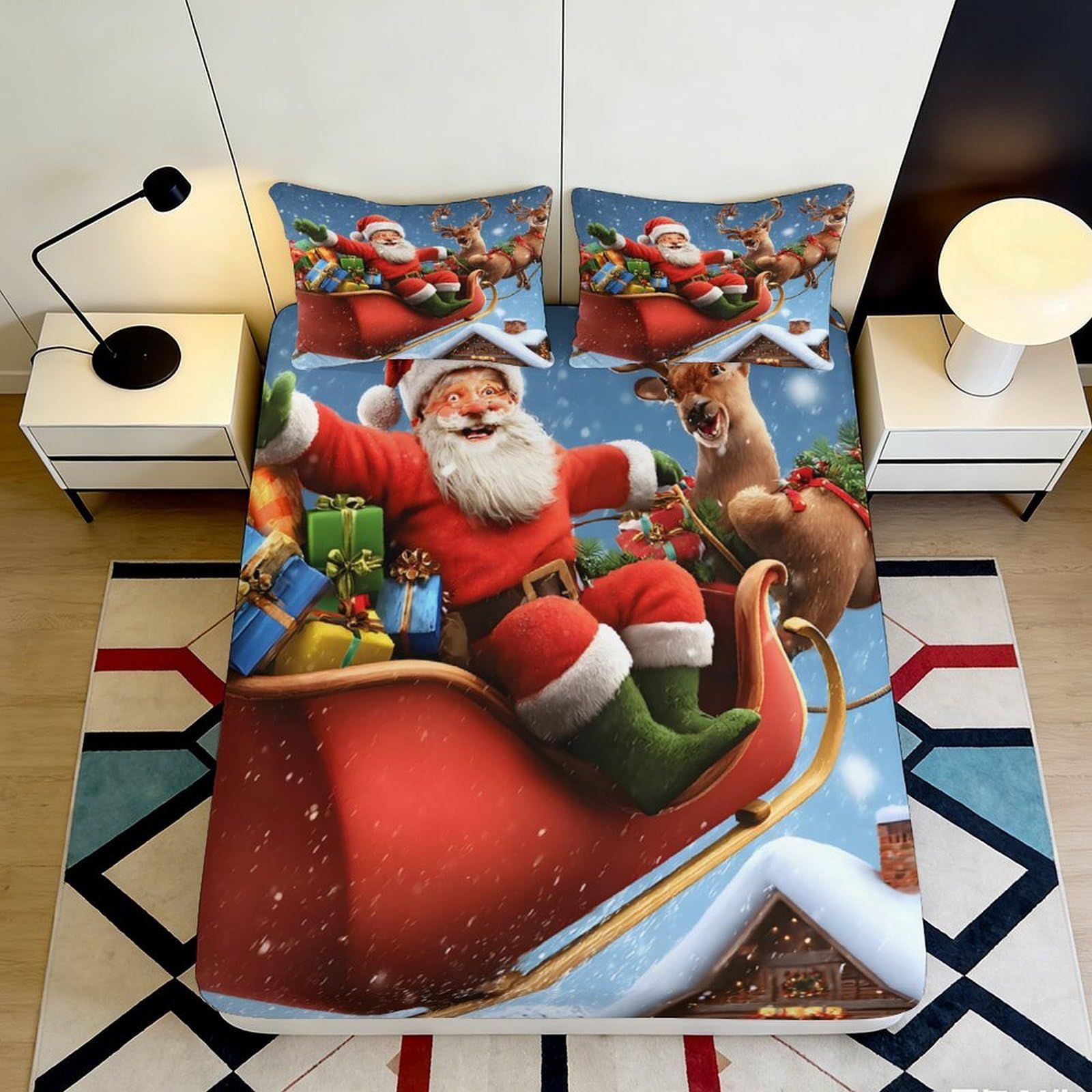 3D Printed Santa Claus Christmas Fitted Sheet Microfiber Soft Breathable Reindeer Bed Cover for Bedroom Dormitory Guest Room Mattress Protection 140x200x25cm