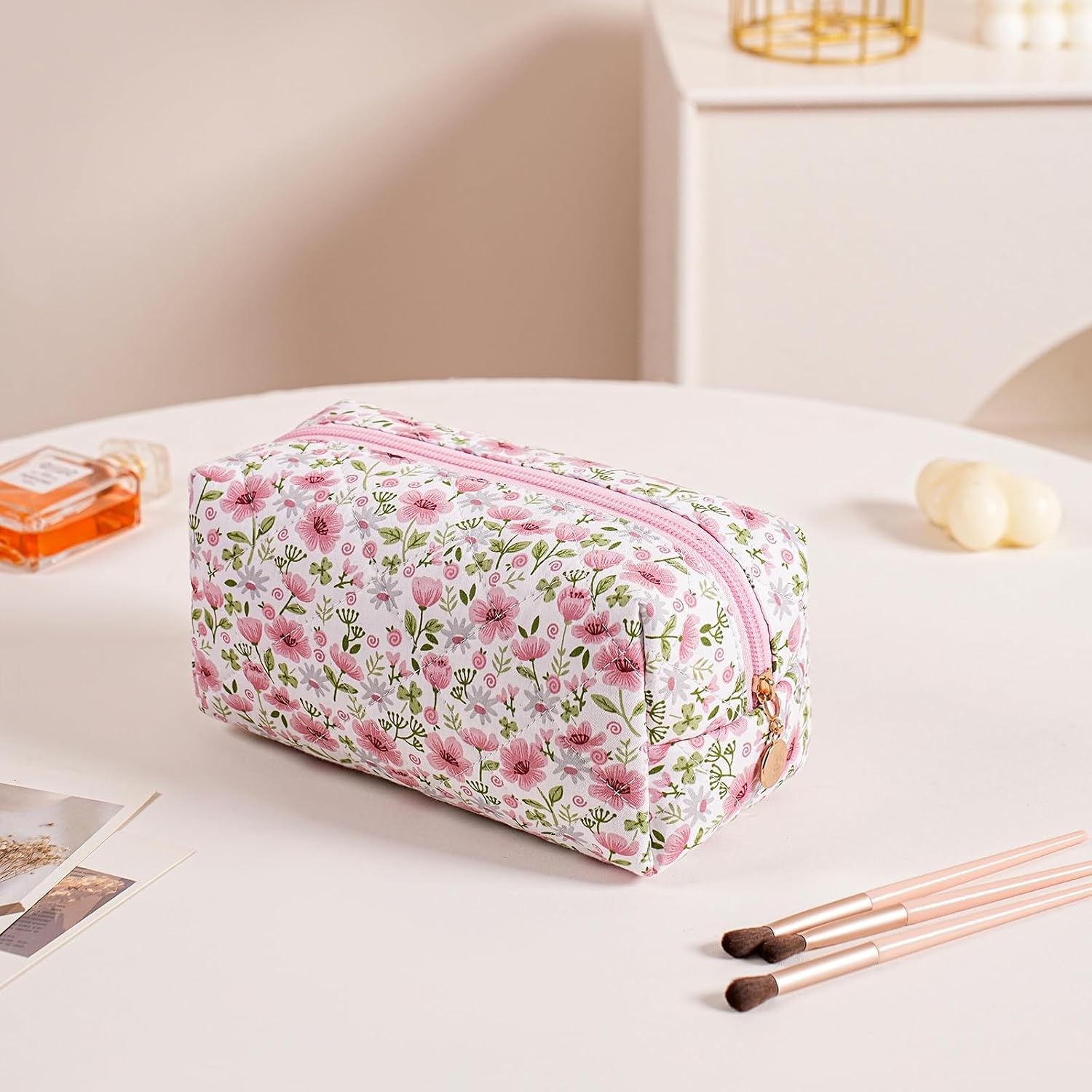 Cute Floral Makeup Bag Small Cotton Quilted Cosmetic Bag, Aesthetic Essential Bag Emergency Bag Gift for Women Girls Travel Accessories (Pink Big Flowers) image 3