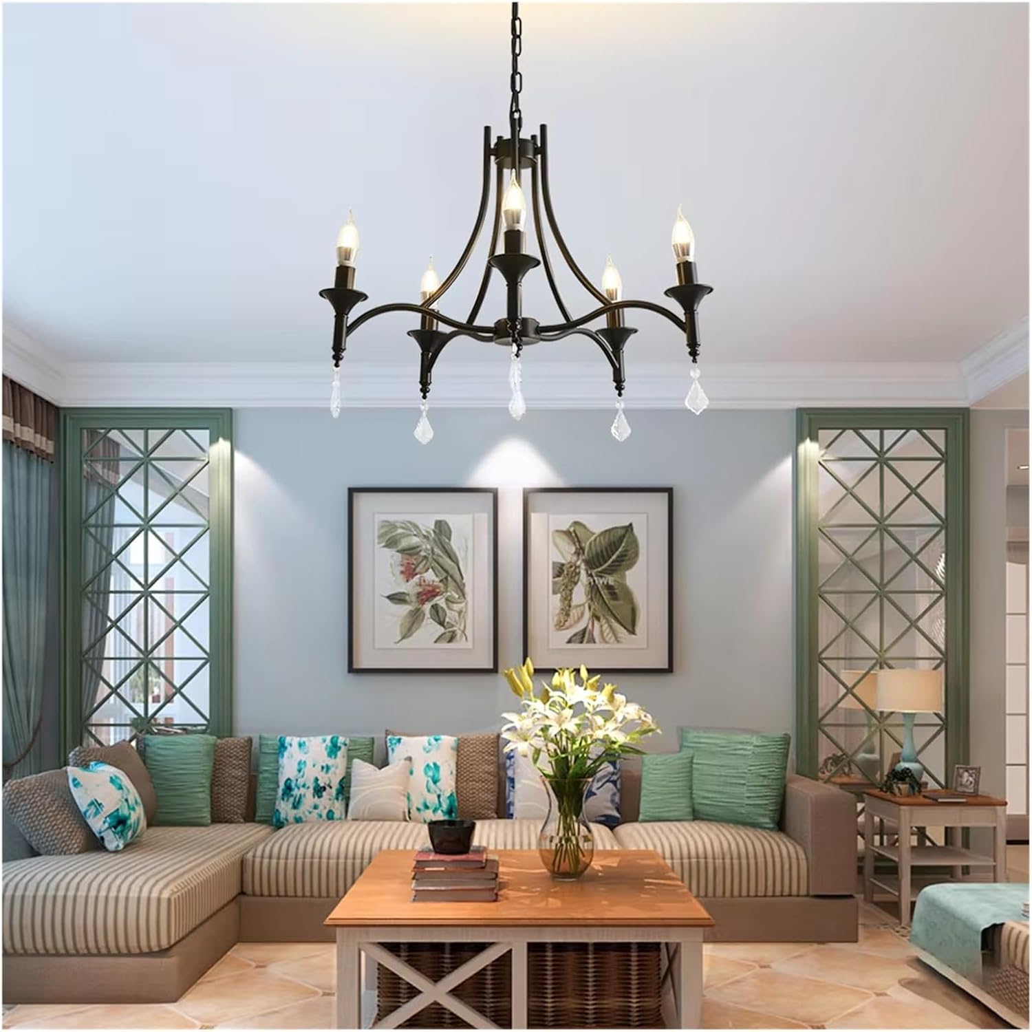 Wrought Iron Crystal Chandelier Ceiling lamp E14 LED Candle Lights Lighting 5 Heads Fixture Indoor Living Room Bedroom,for Decoration