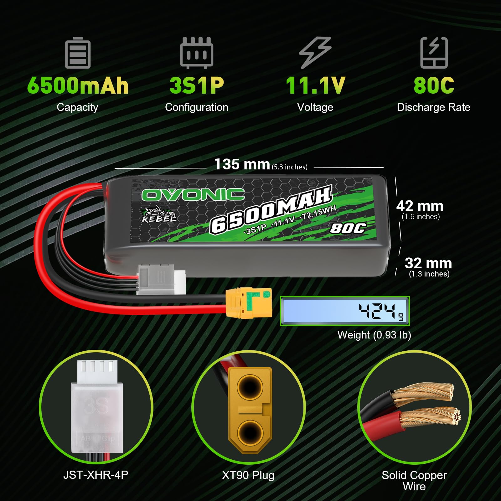 OVONIC Batterie Lipo 3s 6500mAh 80C 11.1V avec connecteur XT90 pour Voiture RC Bateau Camion Buggy équipe Associée Bricolage Passe-Temps