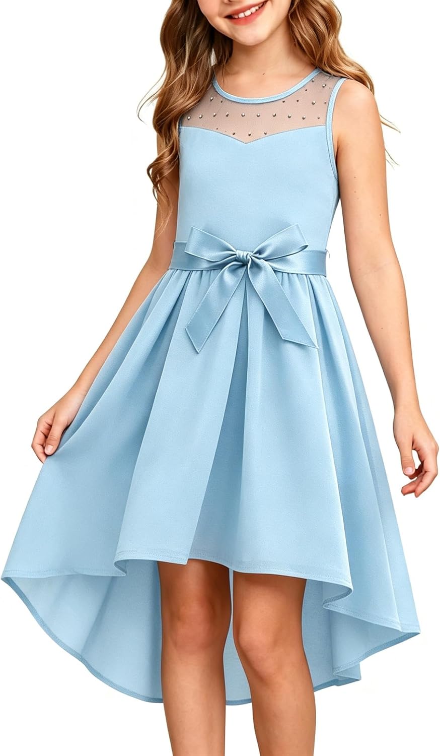 Girls Formal Flower Girl Dress Party Wedding Satin Constrast Mesh Cute High Low Bridesmaid Dresses 5-12 Years