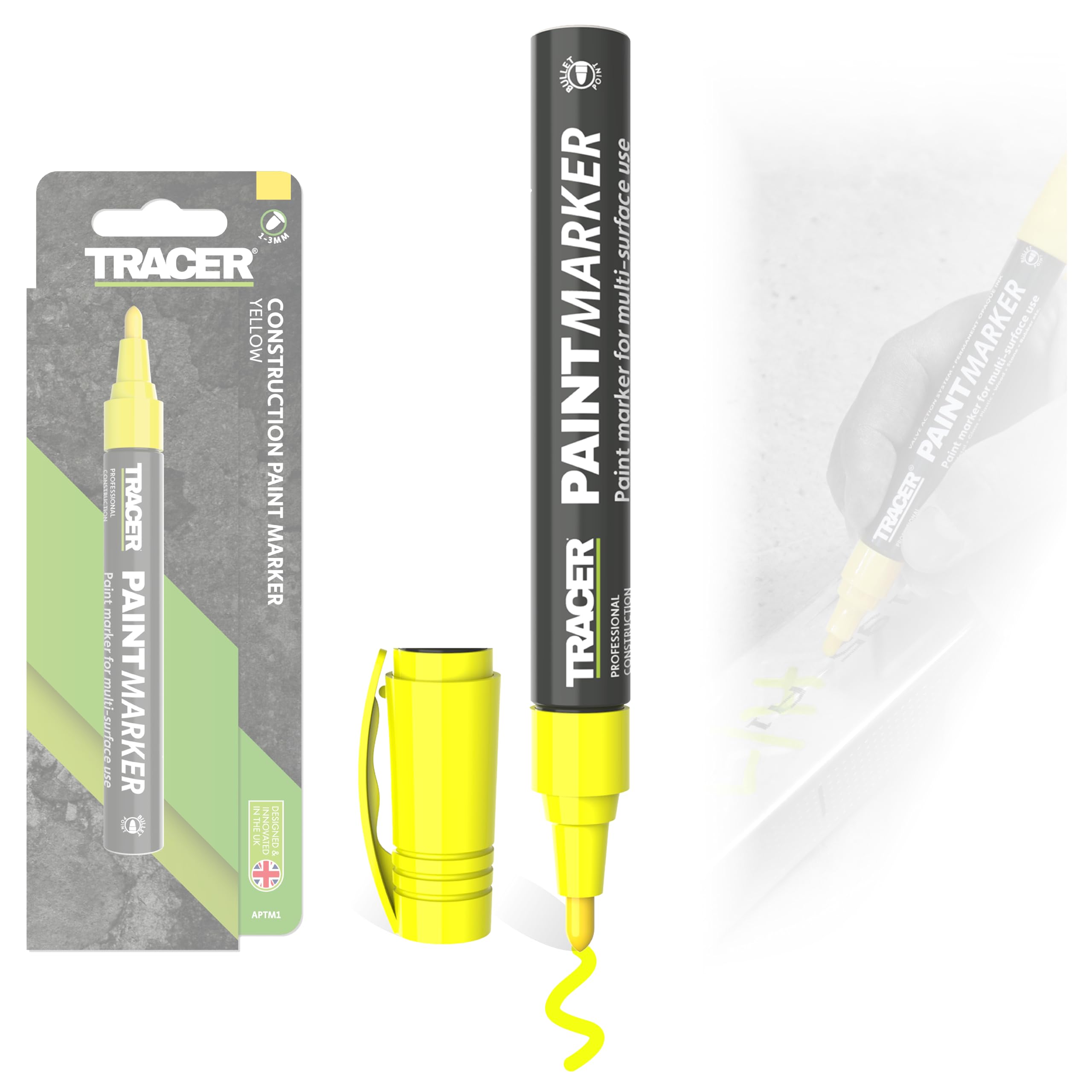 Tracer Construction Paint Marker (1-3mm Bullet Point General-Purpose Marker with high visibility ink) – Yellow