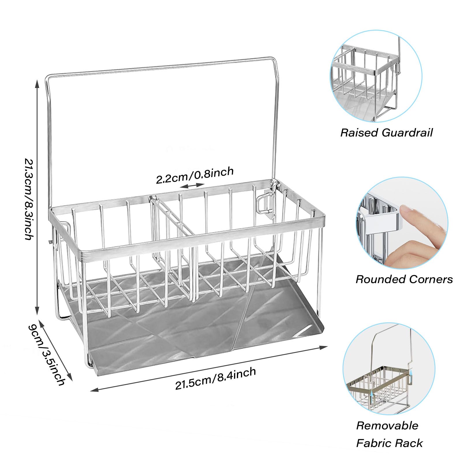 jiuzcare Sink Caddy Kitchen Sink Organiser Stainless Steel Sponge Holder with Dishcloth Hanger and Removable Drain Tray Multifunctional Kitchen Sink Tidy no Drilling - Image 2