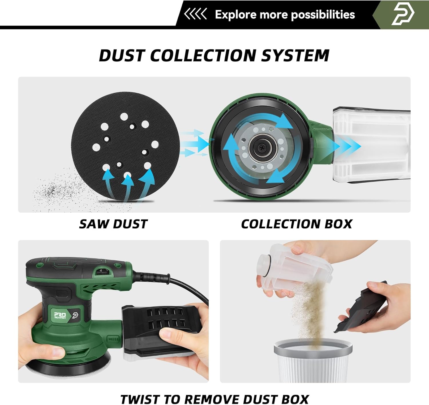 Prostormer 5-Inch Random Orbital Sander with 21PCS Sandpapers, 8000-13000RPM, 2.6AMP Palm Sander with 6 Variable Speeds, Dust Collection For Polishing, Sanding