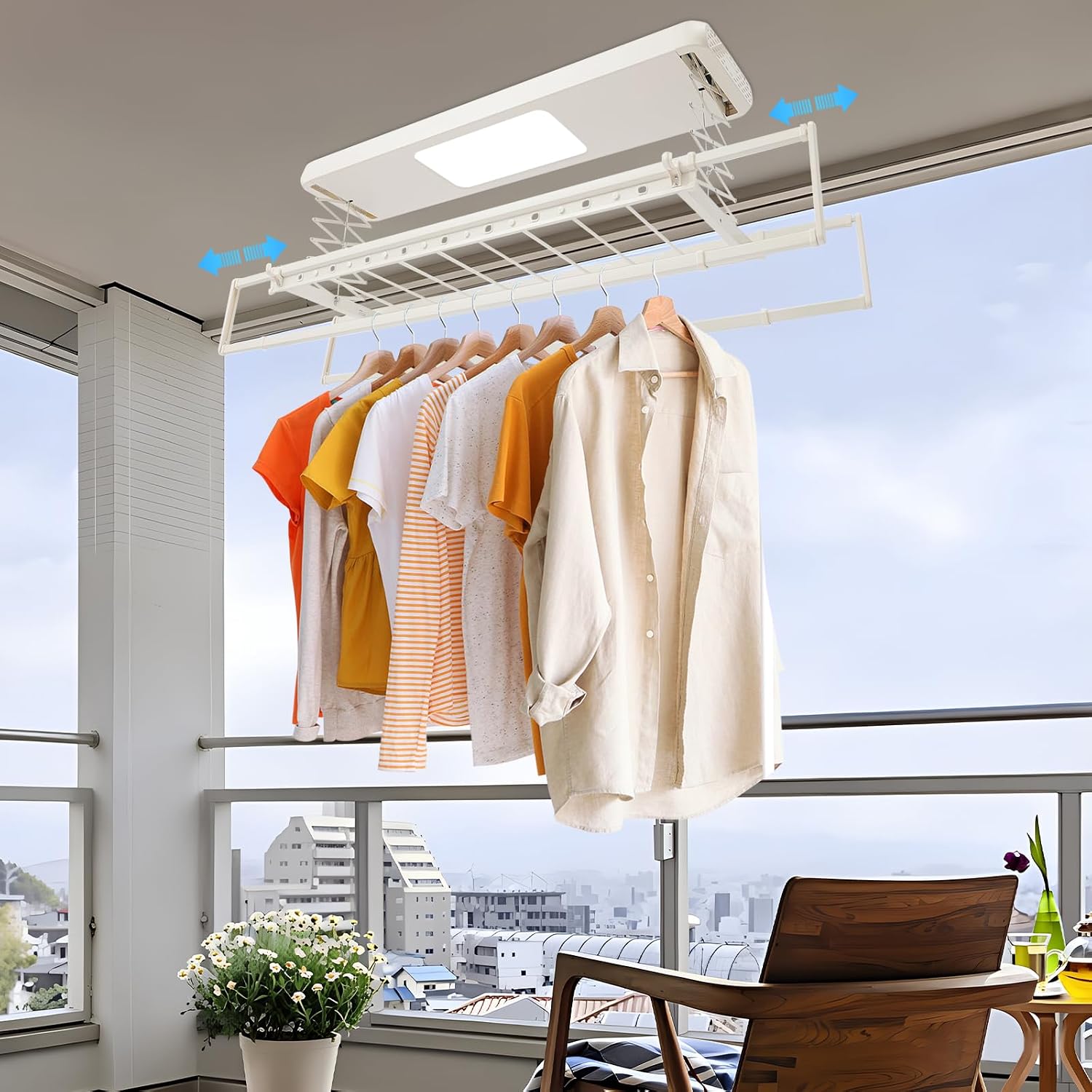 Electric Wall and Ceiling Clothesline, 8 Rod Retractable Drying Rack with Lighting, Foldable Laundry Hanger for Indoor Home, Apartments, Space Saving, Off-White