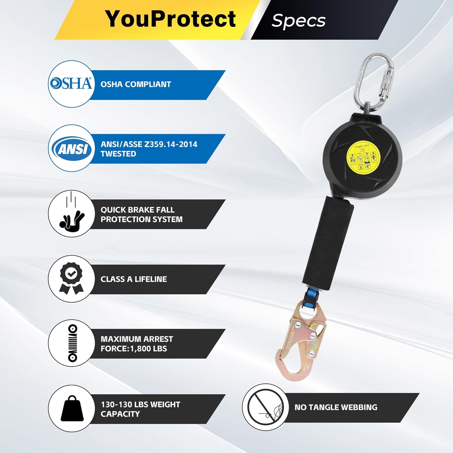 11FT Self Retracting Lifeline Fall Protection Retractable Lanyard, Fall Arrest Safety Yoyo for Construction Industrial - OSHA/ANSI Compliant (Small Hook)