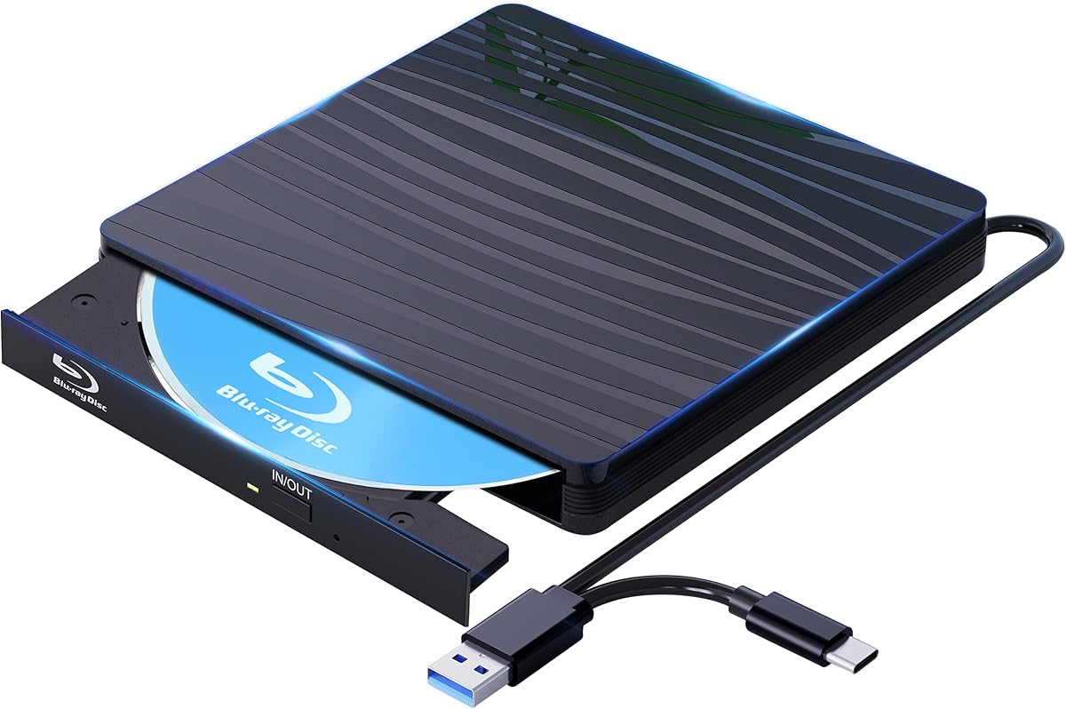 Externes Blu Ray Laufwerk 50G, Type-C & USB 3.0 HD 1080P Bluray Laufwerk Extern Blu ray Laufwerk Extern BD CD DVD ROM RW Blu-ray Laufwerk für Laptop PC Mac Windows 11/10/8/7/XP/Linux/MacOS Schwarz