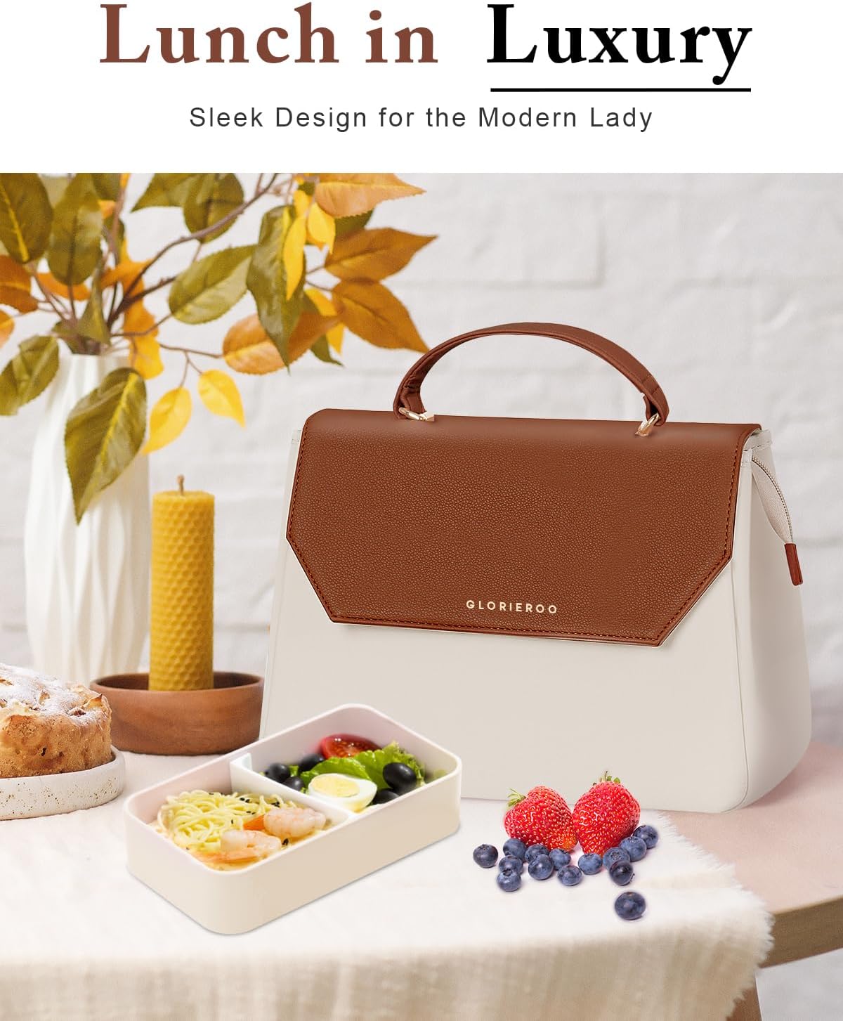 GLORIEROO Lunch Box Tote Women - Fashion Stylish Vegan Leather Insulated Lunch Bag with Removable Strap for Work - Teacher Mothers Day Christmas Gifts for Women
