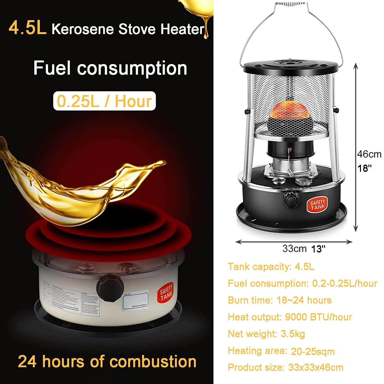 Petroleumofen für Innenräume, Höhe Einstellbar Petroleum Heizung, Tragbarer Effizienter, Kochen und Gewächshaus, Ohne Strom, Mit 6 Baumwollkerne, Black Kerosene Stove