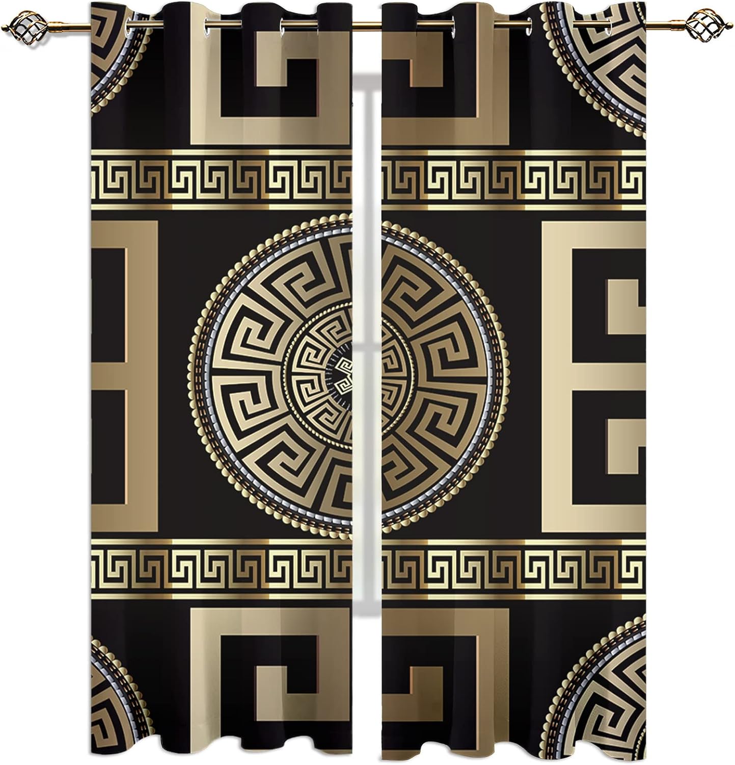 Retro Black Gold Greek Key Meander 3D Print Window Curtain Panel, 3D Geometric Gold Print Luxury Blackout Privacy Drapes, 2 Panels Grommet Light Filtering Window Curtains - 63x84in