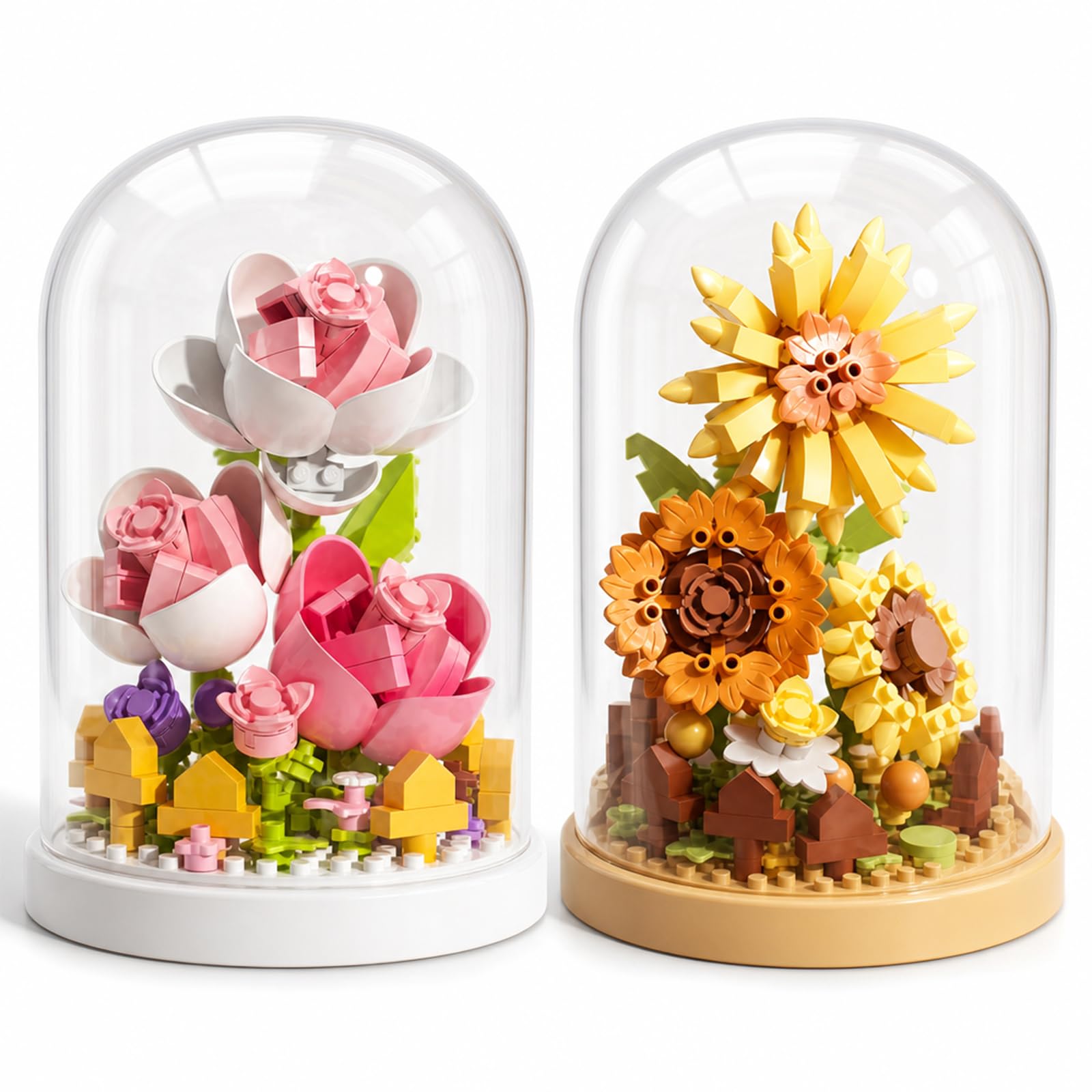 2Pcs Rose Flower Building Blocks Set, Sunflower Building Toys with Transparent Dust Cover, DIY Creative Educational Toy for Girls & Boys, Flower Pot Buildings Toys for Desktop, Office & Home Decor