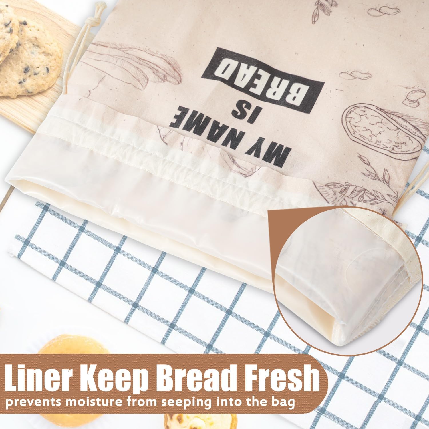TOGETRUE Bread Bags for Homemade Bread, Organic Linen Bread Bag with Plastic Liner, Bread Storage Bags with Drawstring Closure for Sourdough, Loaf, Artisan Bread, 2 Packs, 16.5" x 12"